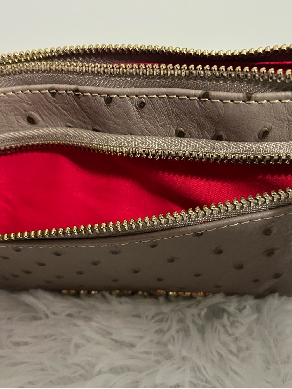 Dooney & Bourke Taupe Ostrich-Embossed Wristlet with Brown Tassels - Picture 8 of 9